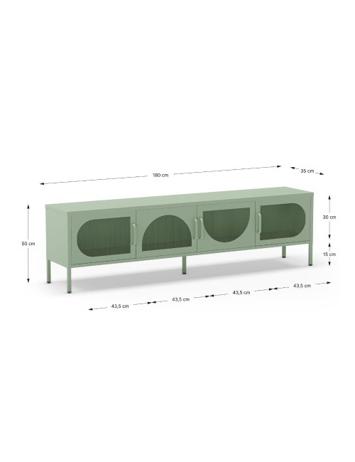Porta TV in metallo Tayra con 4 ante reticolate verde menta 180x35x50H – Stile moderno e anima industrial