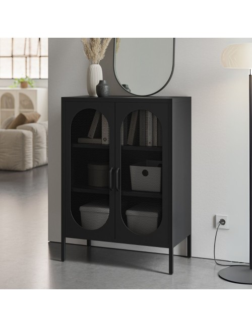 Mobile in metallo Diora nero con ante reticolate 70x40x100H – Design industriale, anima versatile