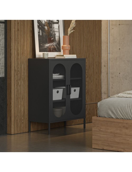 Mobile in metallo Diora nero con ante reticolate 70x40x100H – Design industriale, anima versatile