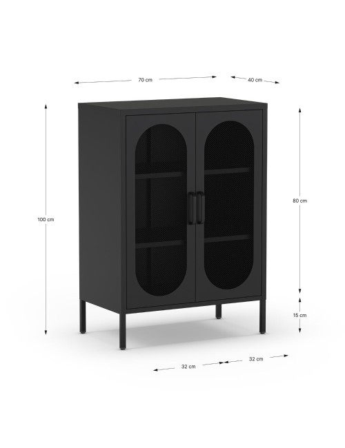 Mobile in metallo Diora nero con ante reticolate 70x40x100H – Design industriale, anima versatile
