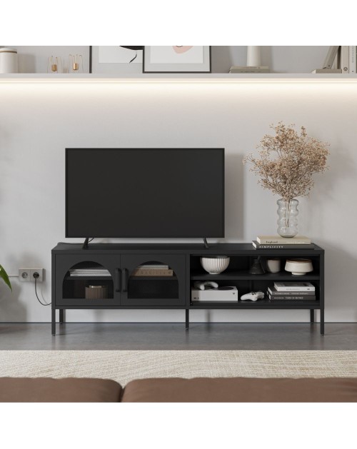Mobile porta TV in metallo Diora nero con 2 ante reticolate 160x35x50H – Design industriale, anima versatile