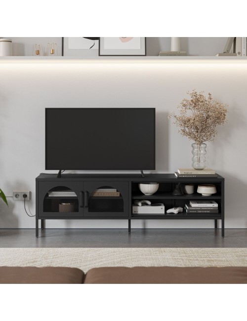 Mobile porta TV in metallo Diora nero con 2 ante reticolate 160x35x50H – Design industriale, anima versatile