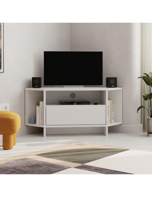 Porta TV angolare Viva colore bianco 95.7x35.4x45.3H – Design Funzionale per spazi intelligenti