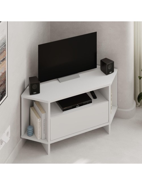 Porta TV angolare Viva colore bianco 95.7x35.4x45.3H – Design Funzionale per spazi intelligenti