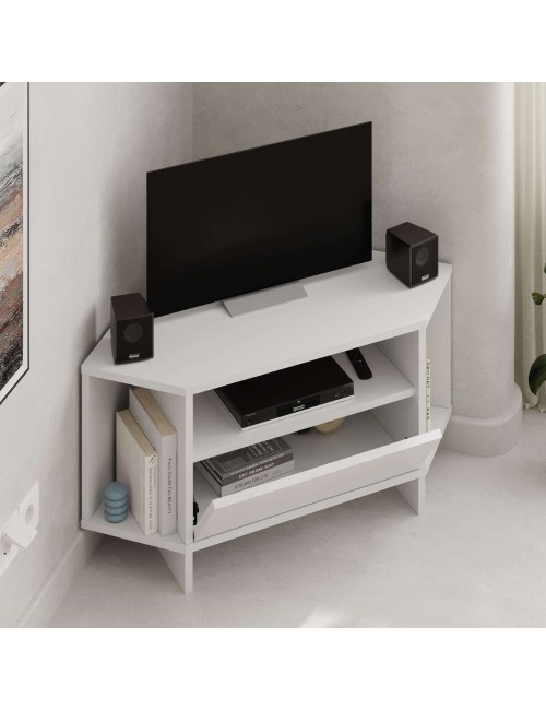 Porta TV angolare Viva colore bianco 95.7x35.4x45.3H – Design Funzionale per spazi intelligenti