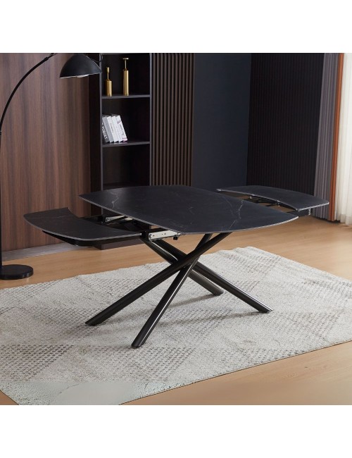 Tavolo girevole allungabile piano ceramica effetto marmo nero opaco Astrid 140x90x76H
