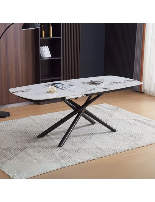 Tavolo girevole allungabile piano ceramica effetto marmo bianco lucido Astrid 140x90x76H