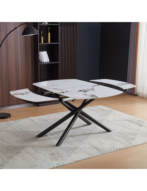 Tavolo girevole allungabile piano ceramica effetto marmo bianco lucido Astrid 140x90x76H