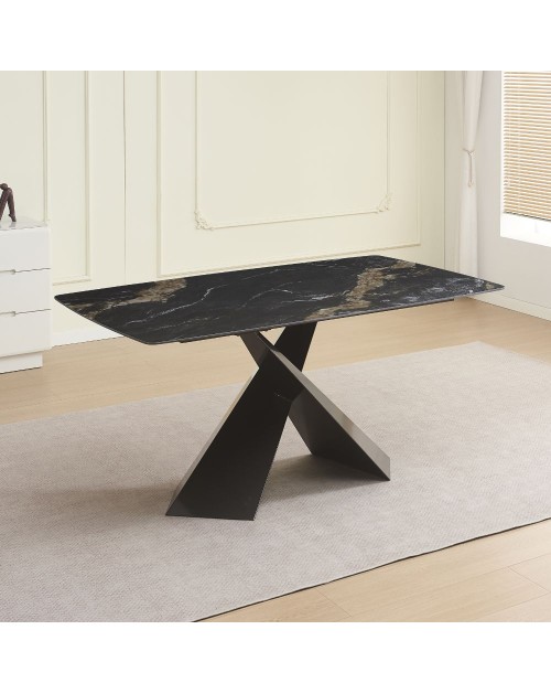 Tavolo Jarvis piano ceramica effetto marmo nero e gambe in geometriche e Incrociate 160x90x76H