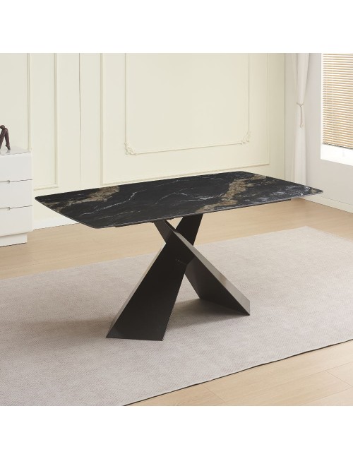 Tavolo Jarvis piano ceramica effetto marmo nero e gambe in geometriche e Incrociate 160x90x76H