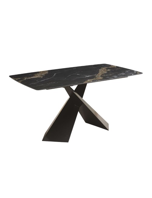 Tavolo Jarvis piano ceramica effetto marmo nero e gambe in geometriche e Incrociate 160x90x76H