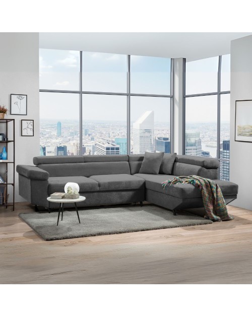 Divano con funzione letto e penisola contenitore destra Denver grigio tessuto Degas92