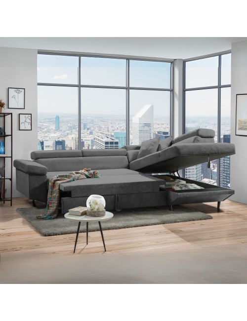 Divano con funzione letto e penisola contenitore destra Denver grigio tessuto Degas92