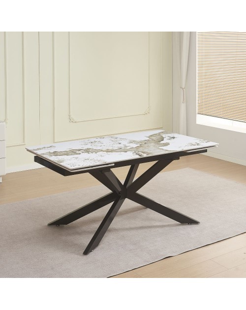 Tavolo allungabile Roxane con piano in ceramica effetto marmo arabesque bianco 160x90x76H