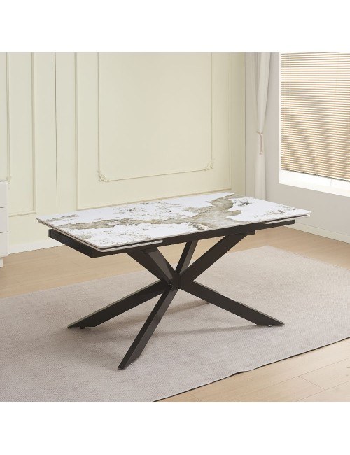 Tavolo allungabile Roxane con piano in ceramica effetto marmo arabesque bianco 160x90x76H
