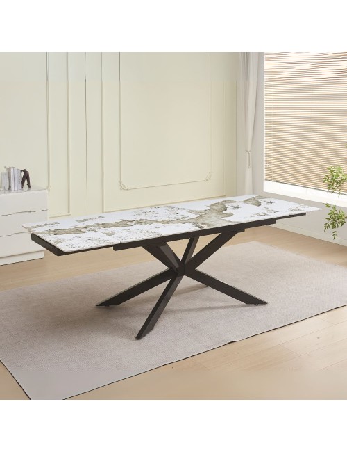 Tavolo allungabile Roxane con piano in ceramica effetto marmo arabesque bianco 160x90x76H