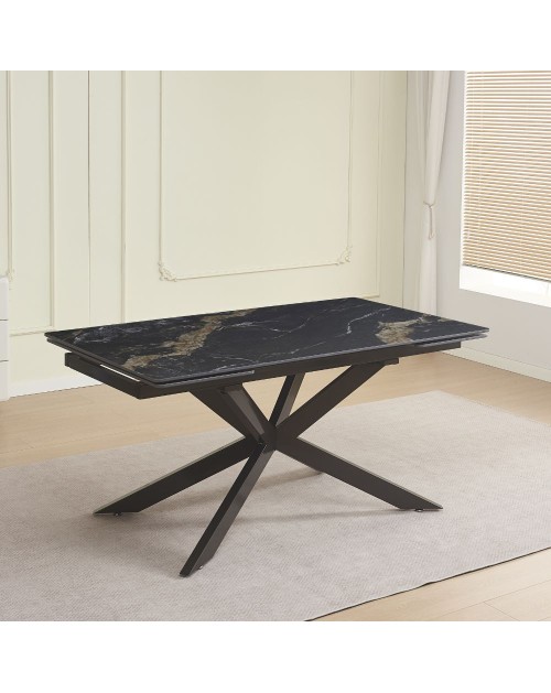 Tavolo allungabile Roxane con piano in ceramica effetto marmo arabesque nero 160x90x76H