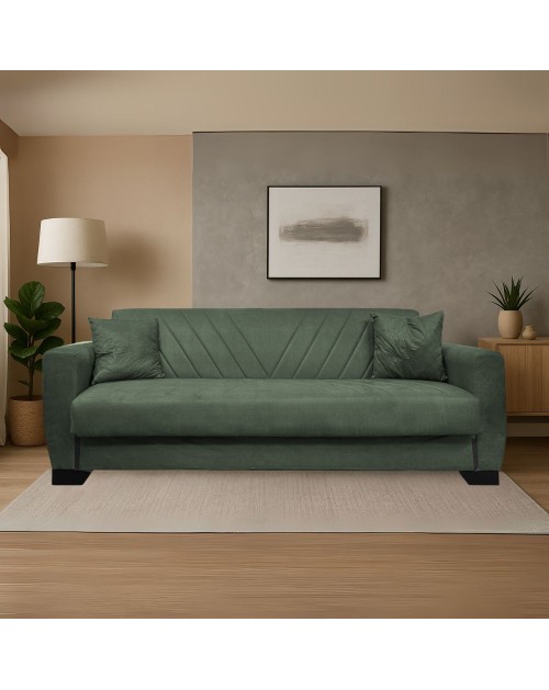 Divano letto Rianna 3 posti con contenitore in tessuto verde 206x82x85H