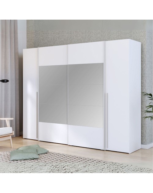 Armadio Callia con 2 ante scorrevoli e 2 battenti con specchio bianco 270x61x210
