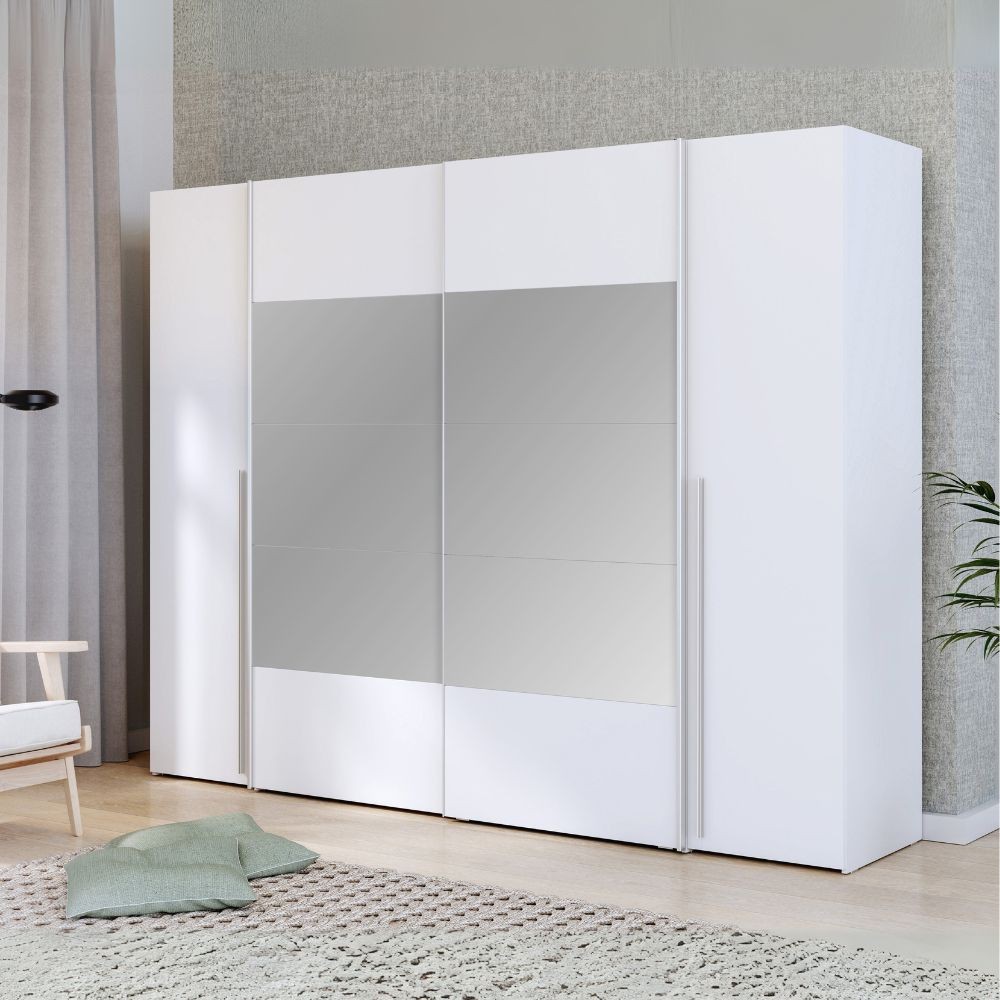 Armadio Callia con 2 ante scorrevoli e 2 battenti con specchio bianco 270x61x210