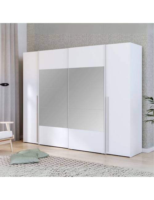 Armadio Callia con 2 ante scorrevoli e 2 battenti con specchio bianco 270x61x210