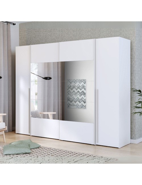 Armadio Callia con 2 ante scorrevoli e 2 battenti con specchio bianco 270x61x210