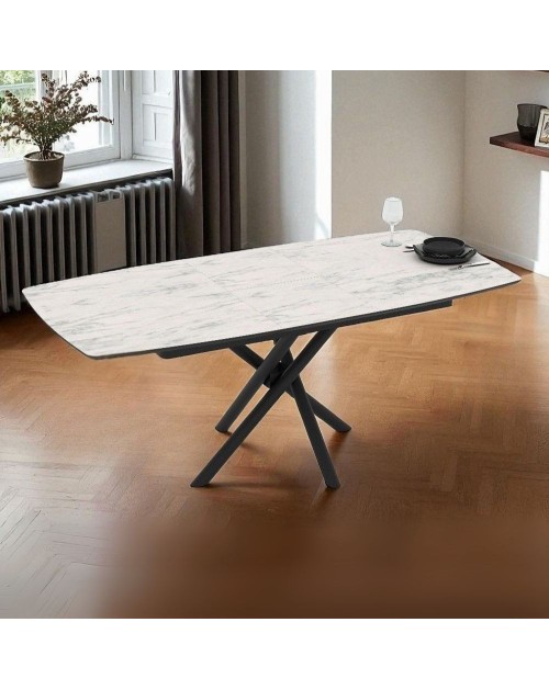 Tavolo allungabile Katrin con piano marmo bianco e gambe a stelo incrociate nere 138/178x90x76H