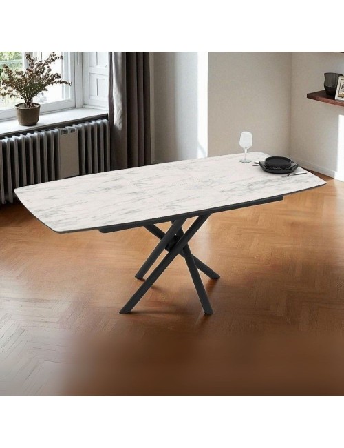 Tavolo allungabile Katrin con piano marmo bianco e gambe a stelo incrociate nere 138/178x90x76H