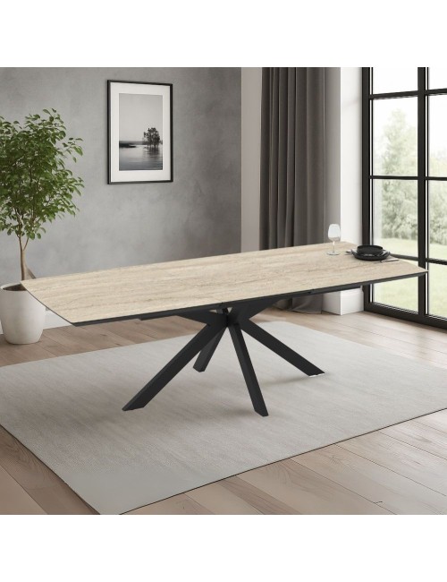 Tavolo allungabile Verano piano effetto marmo travertino beige e base nera 180/240x100x76H