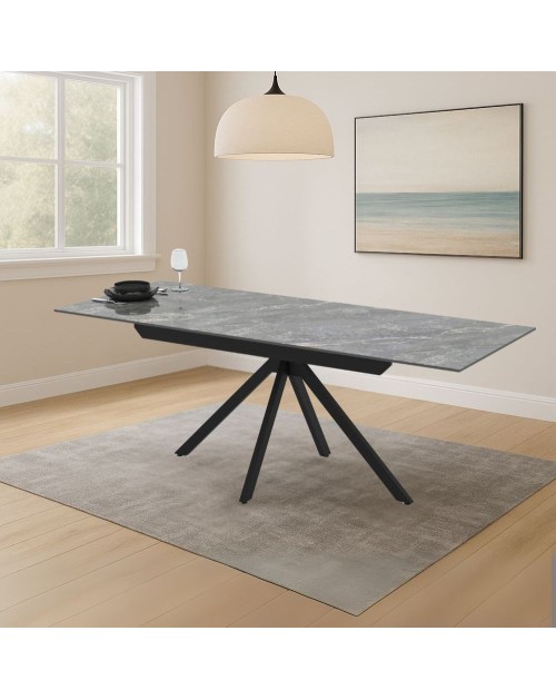 Tavolo allungabile Perla in ceramica effetto marmo grigio e gambe in metallo nero 140/200x80x76H
