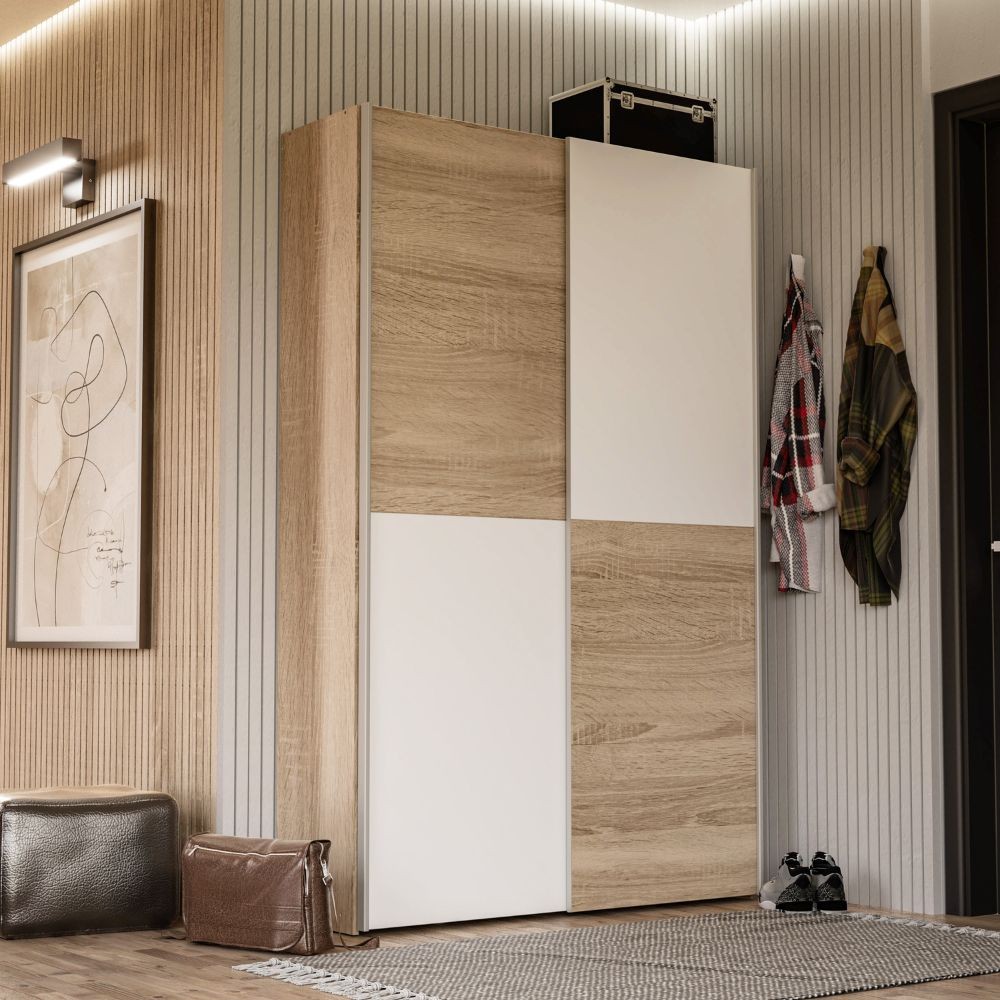 Armadio tuttopiani Zeno 2 ante scorrevoli rovere e bianco 120x42x190.5H