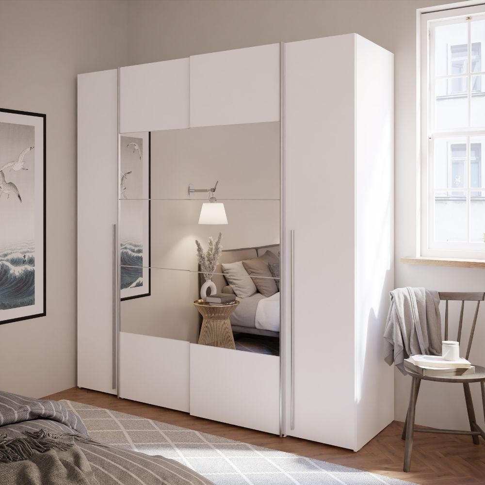 Armadio Callia con 2 ante scorrevoli e 2 battenti con specchio bianco 200x61x210
