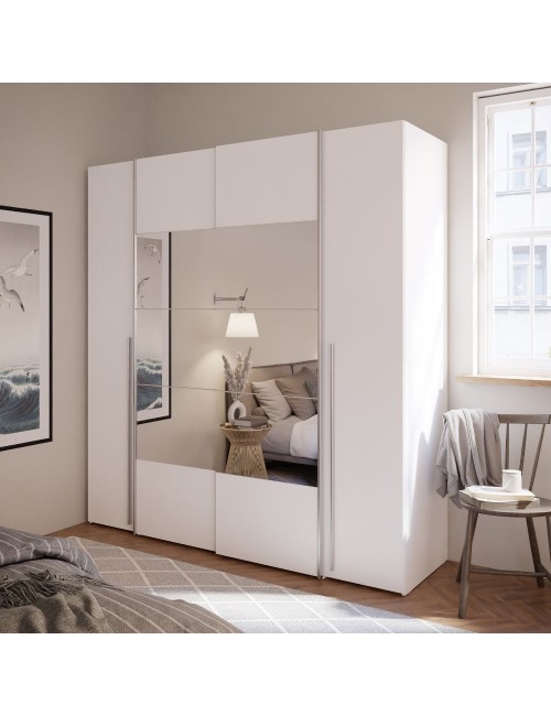 Armadio Callia con 2 ante scorrevoli e 2 battenti con specchio bianco 200x61x210