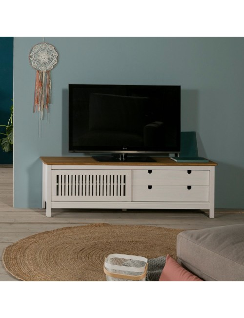 Mobile porta TV Bruna bianco e pino con anta scorrevole effetto griglia e cassetti in legno massiccio 158