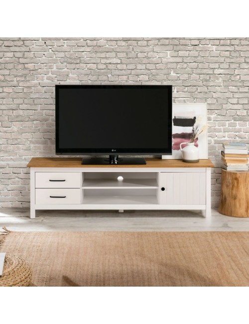 Mobile porta TV in legno massiccio bianco e pino Miranda con 1 anta 2 cassetti 158x40x47H