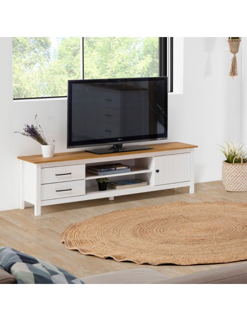 Mobile porta TV in legno massiccio bianco e pino Miranda con 1 anta 2 cassetti 158x40x47H