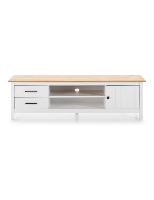 Mobile porta TV in legno massiccio bianco e pino Miranda con 1 anta 2 cassetti 158x40x47H