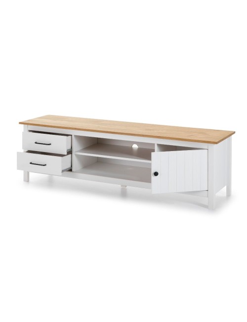 Mobile porta TV in legno massiccio bianco e pino Miranda con 1 anta 2 cassetti 158x40x47H