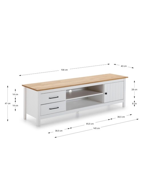 Mobile porta TV in legno massiccio bianco e pino Miranda con 1 anta 2 cassetti 158x40x47H