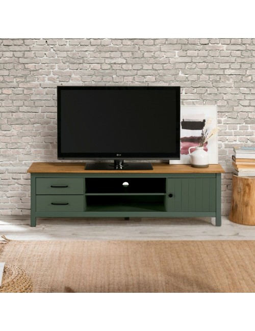 Mobile porta TV in legno massiccio verde e pino Miranda con 1 anta 2 cassetti 158x40x47H