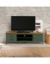 Mobile porta TV in legno massiccio verde e pino Miranda con 1 anta 2 cassetti 158x40x47H