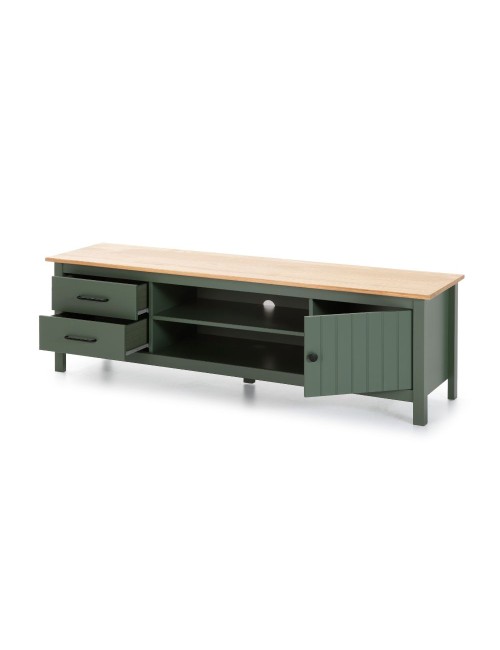 Mobile porta TV in legno massiccio verde e pino Miranda con 1 anta 2 cassetti 158x40x47H