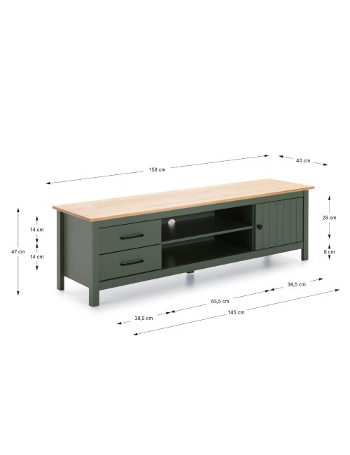 Mobile porta TV in legno massiccio verde e pino Miranda con 1 anta 2 cassetti 158x40x47H