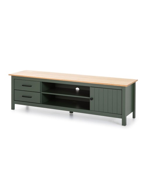 Mobile porta TV in legno massiccio verde e pino Miranda con 1 anta 2 cassetti 158x40x47H