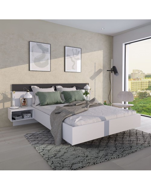 Letto francese 1514 effetto sospeso con comodini integrati colore bianco e antracite