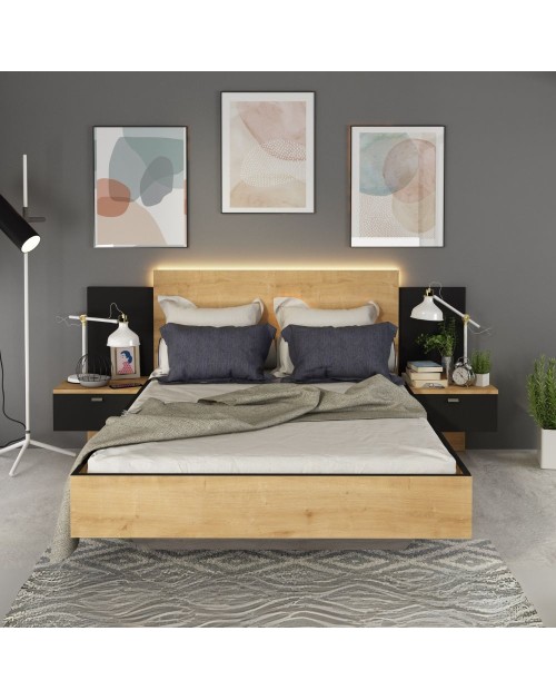 Letto francese 1517 effetto sospeso con comodini integrati colore rovere e nero