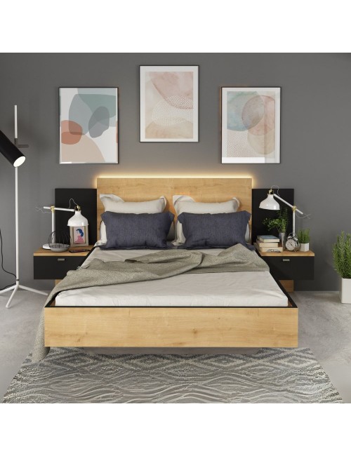 Letto francese 1517 effetto sospeso con comodini integrati colore rovere e nero