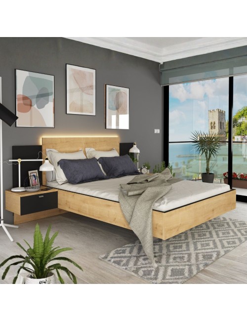 Letto francese 1517 effetto sospeso con comodini integrati colore rovere e nero