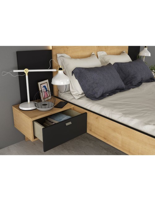 Letto francese 1517 effetto sospeso con comodini integrati colore rovere e nero