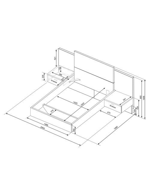 Letto francese 1517 effetto sospeso con comodini integrati colore rovere e nero